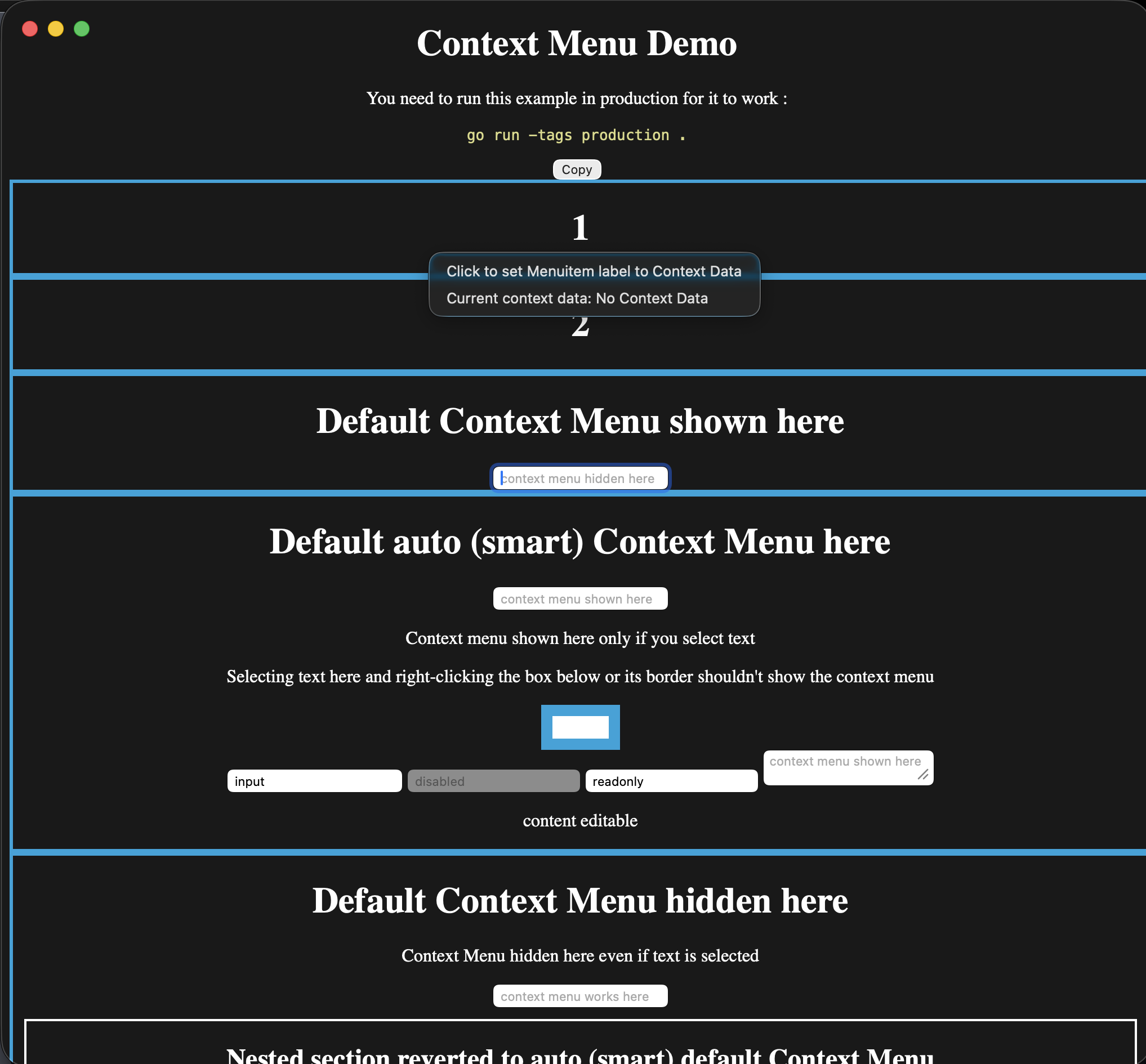 A Wails custom context menu displayed over a webview on macOS