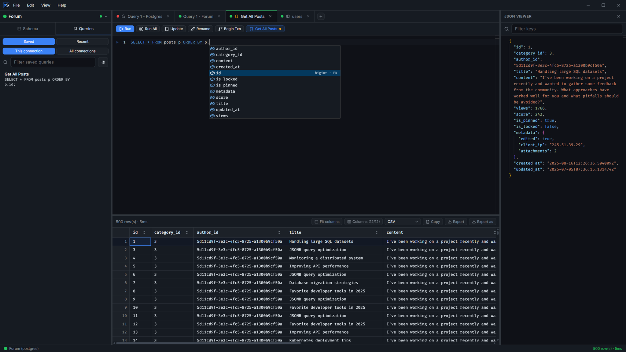XenSQL query editor with table and column suggestions