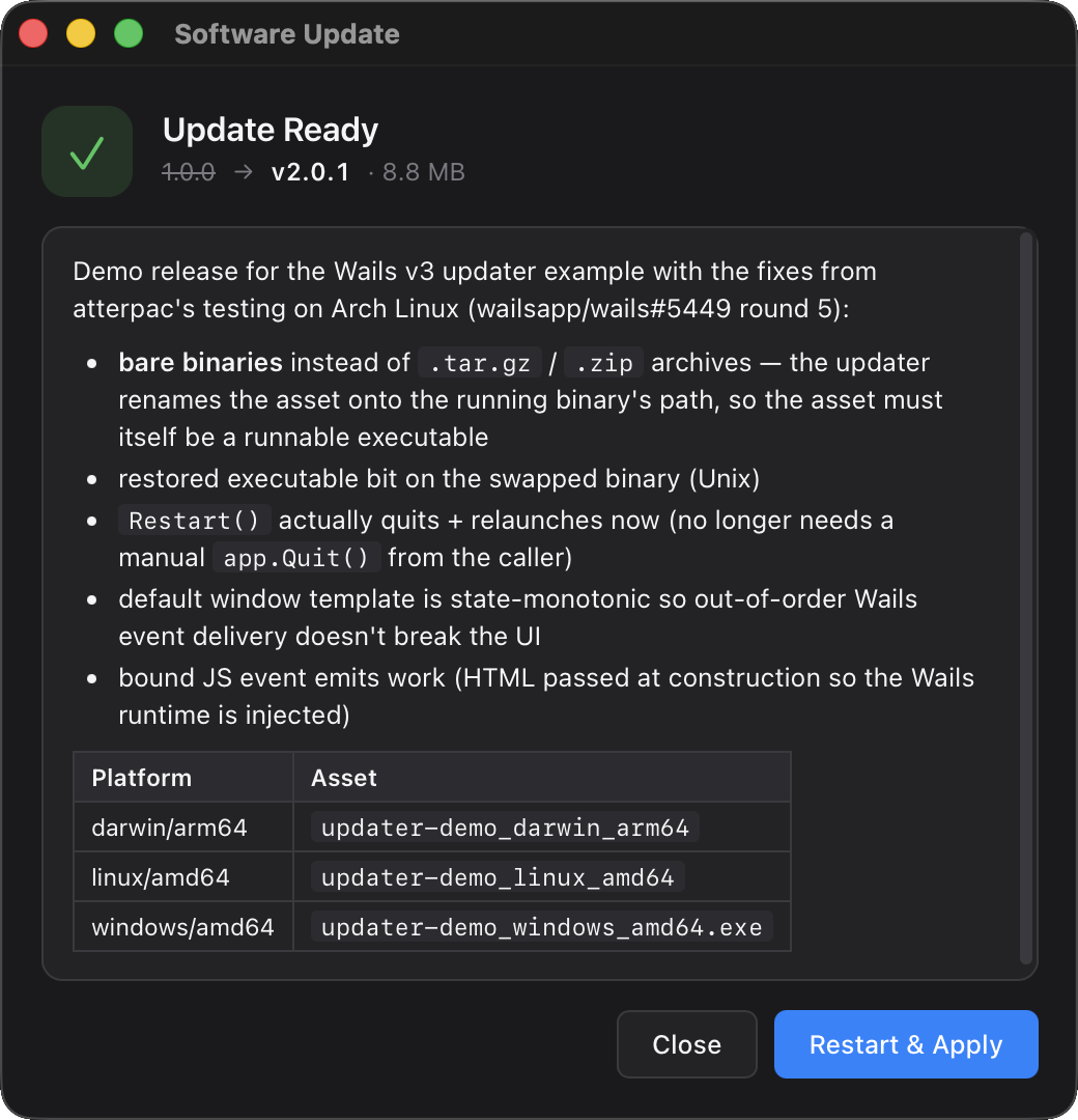 Default updater window in the Update Ready state, showing the version pill, Markdown-rendered release notes, and the Restart & Apply primary button.